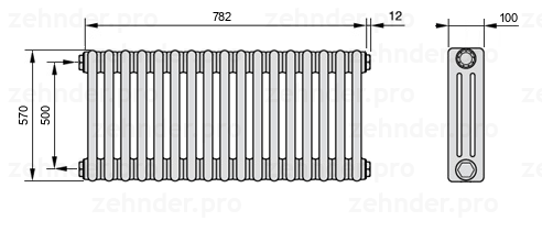 Схема (чертеж) Радиатор Zehnder Charleston 3057/17 №1270 Белый глянцевый RAL 9016